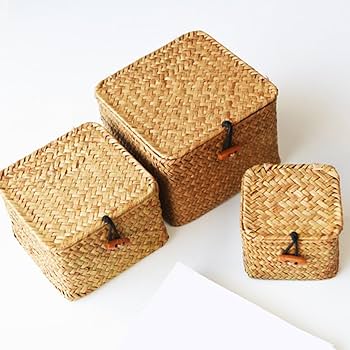 Amazon.co.jp: NJNEW 編まれたかご 蓋付き フタ付き 収納